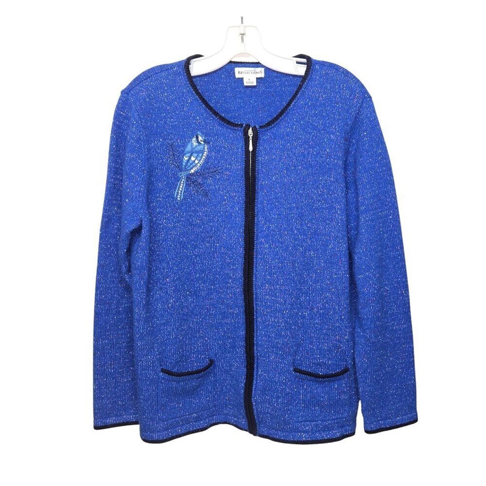 Blue Jay Knit Zip Cardigan Embroidery Sweater Pockets Womens L Granny Grannycore